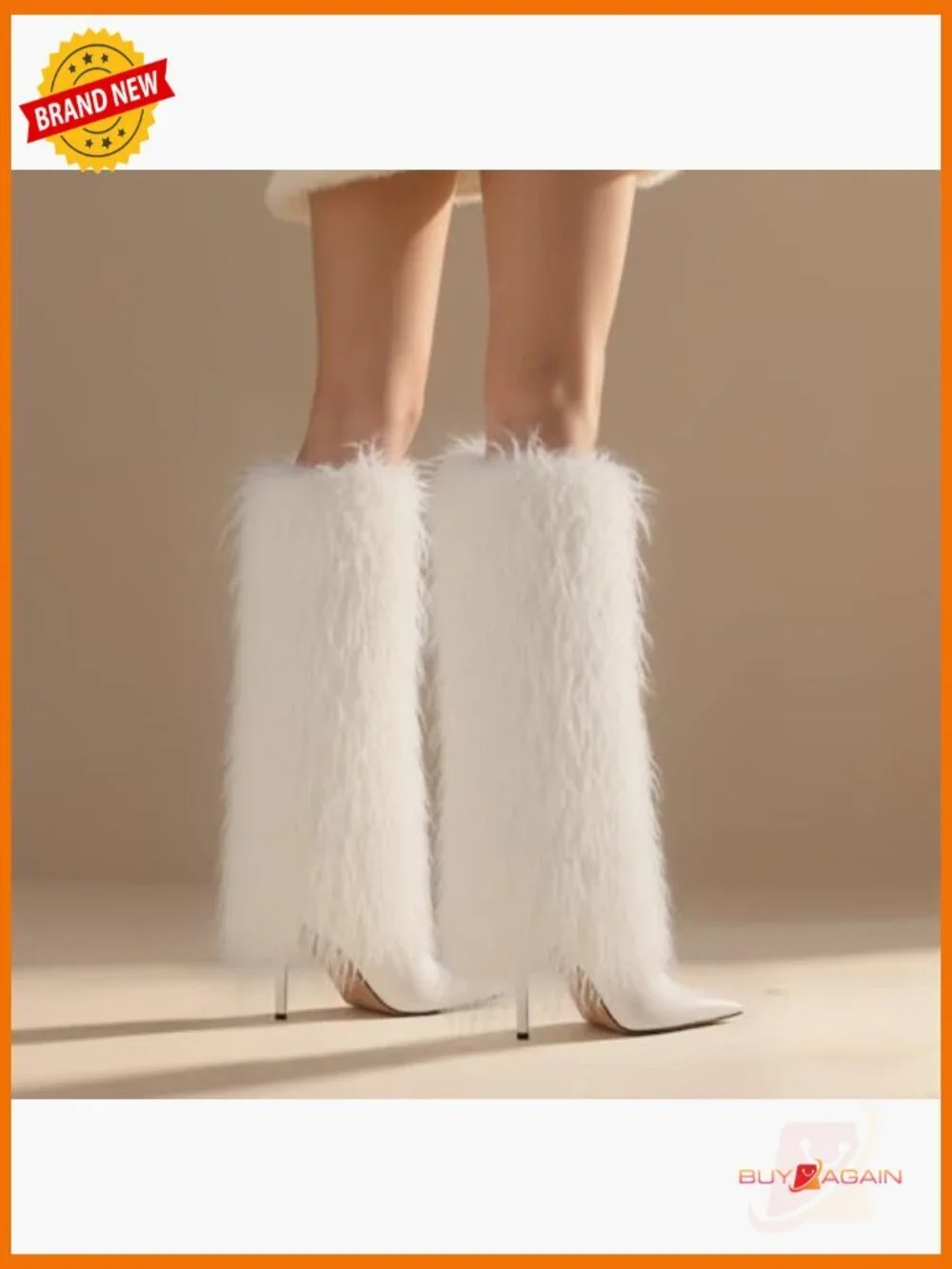 Knee High Faux Fur Boots Stiletto Heel Pointed Toe Wide Calf Slouchy